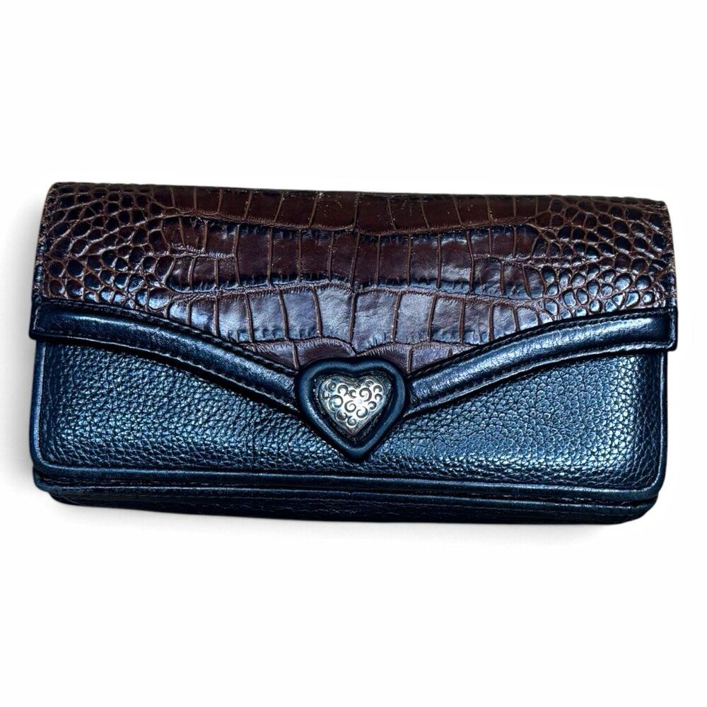 Brighton Bella Luna Large Wallet Clutch Black Brown Croc Leather Organizer